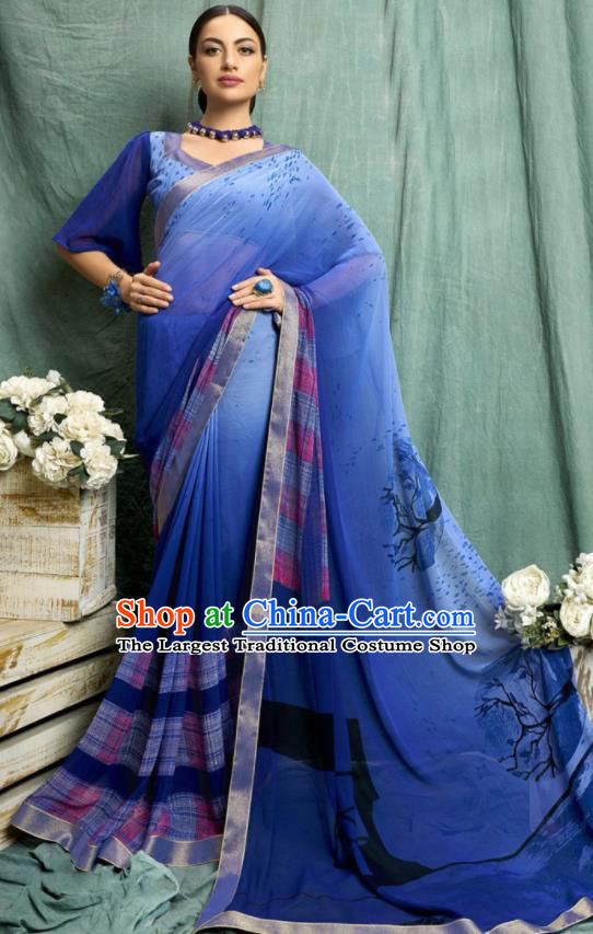 Asian Indian Bollywood Printing Blue Chiffon Sari Dress India Traditional Costumes for Women