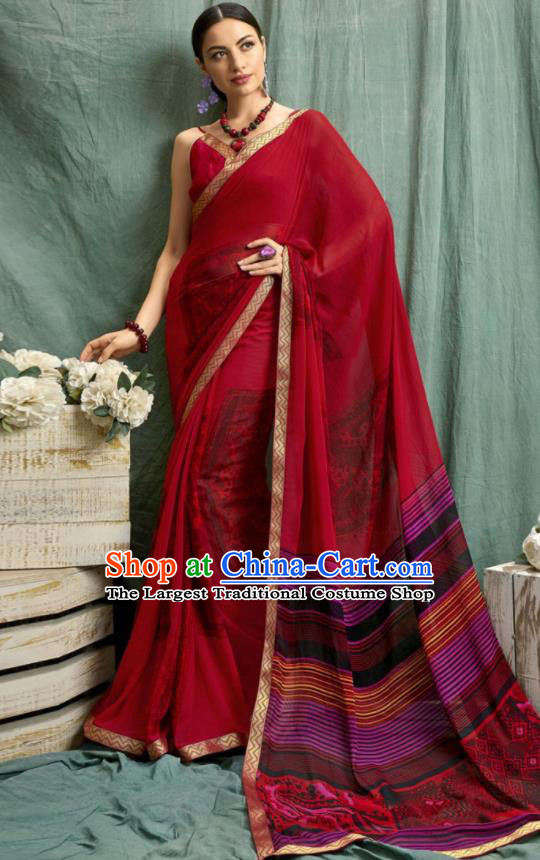 Asian Indian Bollywood Printing Red Chiffon Sari Dress India Traditional Costumes for Women