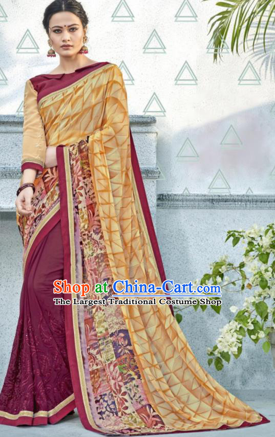 Asian Indian Bollywood Embroidered Wine Red Chiffon Sari Dress India Traditional Costumes for Women