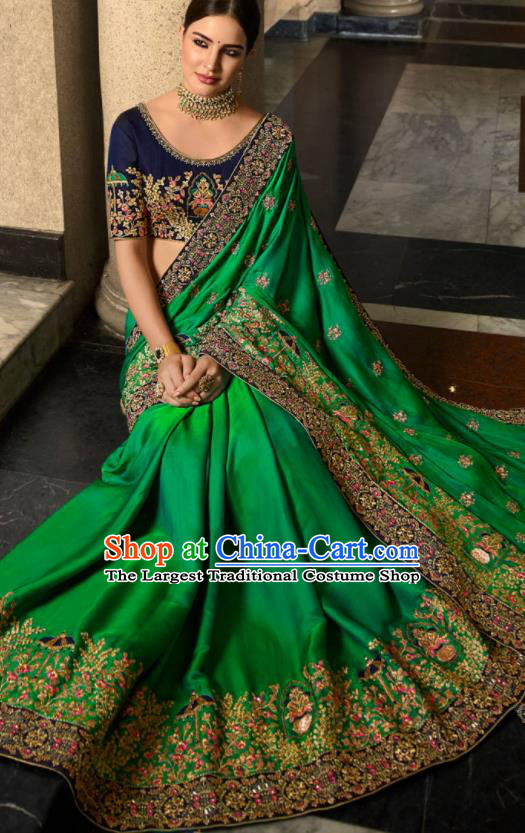 Asian Traditional Indian Court Embroidered Green Silk Sari Dress India National Festival Bollywood Costumes for Women