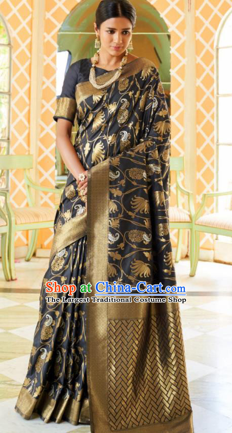Asian Traditional Indian Court Queen Black Silk Sari Dress India National Festival Bollywood Costumes for Women