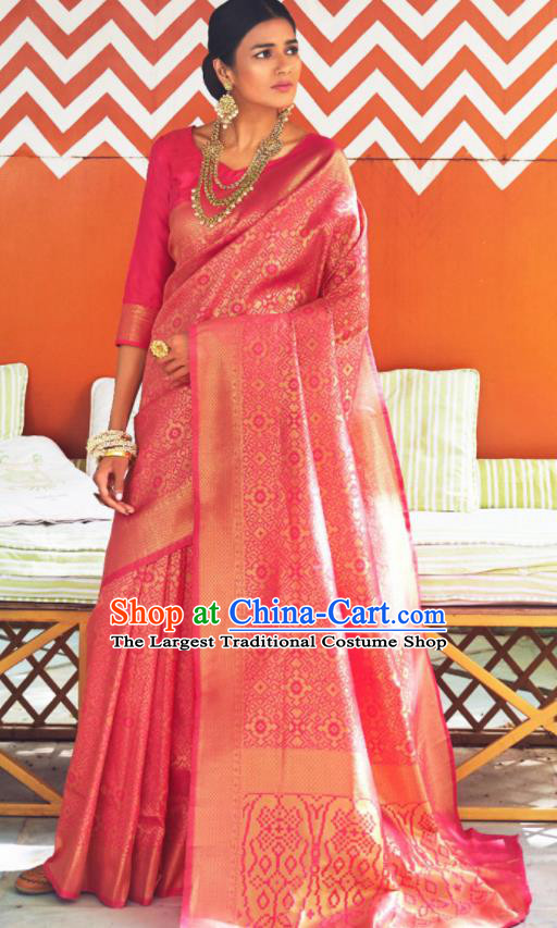 Asian Traditional Indian Court Queen Peach Pink Silk Sari Dress India National Festival Bollywood Costumes for Women