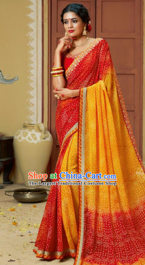 Traditional Indian Red Georgette Sari Dress Asian India National Festival Bollywood Costumes for Women