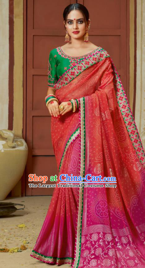 Traditional Indian Watermelon Red Georgette Sari Dress Asian India National Festival Bollywood Costumes for Women