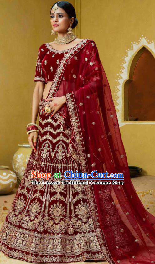 Indian Traditional Wedding Lehenga Embroidered Wine Red Velvet Dress Asian India National Festival Costumes for Women