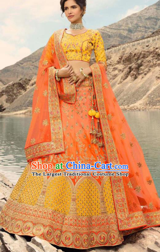 Indian Traditional Lehenga Embroidered Orange Dress Asian India National Festival Costumes for Women