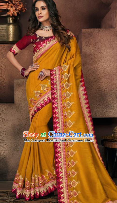 Indian Traditional Court Bollywood Ginger Satin Sari Dress Asian India National Festival Costumes for Women