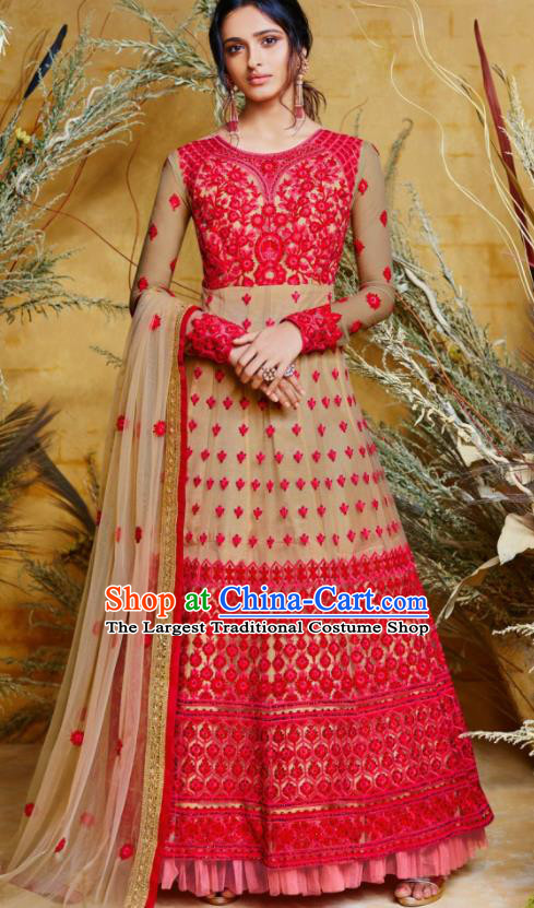 Indian Traditional Court Anarkali Kurta Light Red Dress Asian India National Festival Costumes for Women