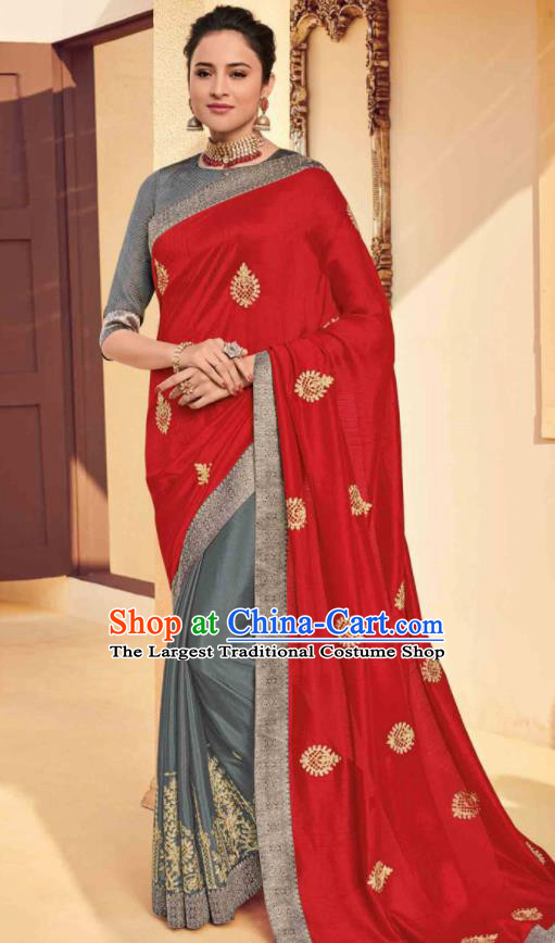 Traditional Indian Saree Red and Grey Silk Sari Dress Asian India National Festival Bollywood Costumes for Women