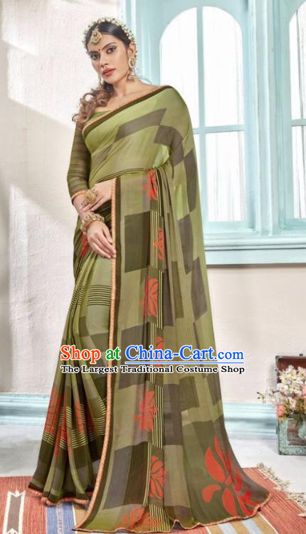 Indian Traditional Court Printing Olive Green Sari Dress Asian India National Festival Costumes for Women