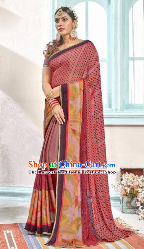 Indian Traditional Court Printing Wine Red Sari Dress Asian India National Festival Costumes for Women