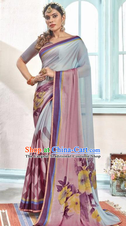 Indian Traditional Court Printing Light Blue Sari Dress Asian India National Festival Costumes for Women