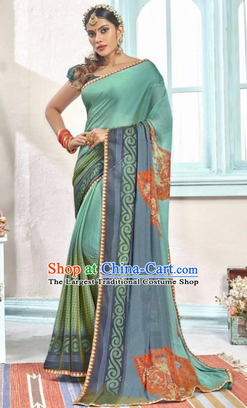 Indian Traditional Court Printing Lake Blue Sari Dress Asian India National Festival Costumes for Women