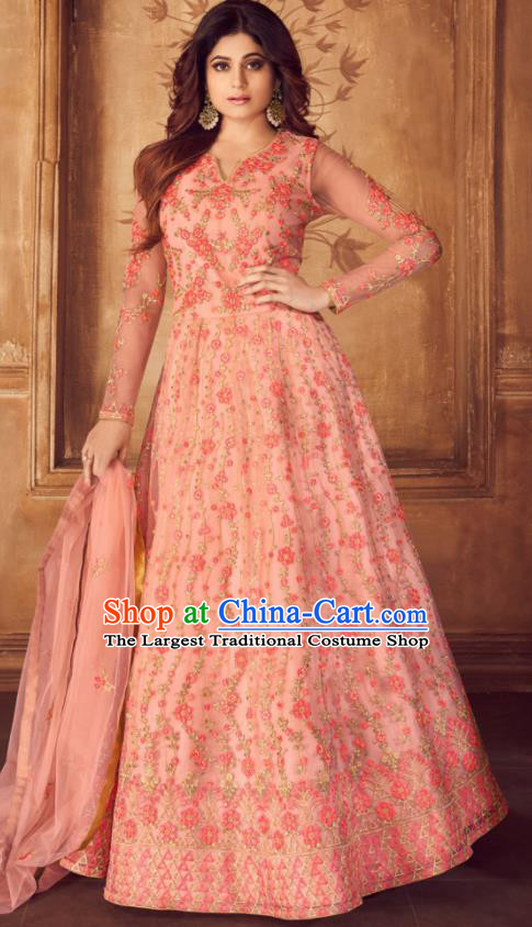 Indian Traditional Court Embroidered Pink Anarkali Dress Asian India National Festival Costumes for Women