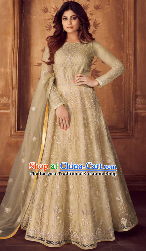 Indian Traditional Court Embroidered Apricot Anarkali Dress Asian India National Festival Costumes for Women