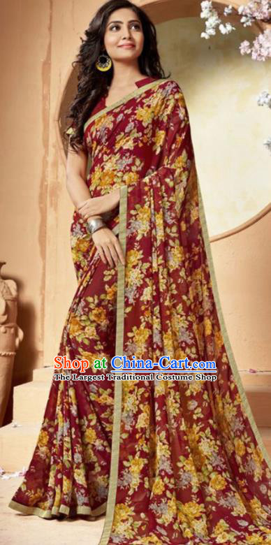 Indian Traditional Court Printing Wine Red Chiffon Sari Dress Asian India National Festival Costumes for Women