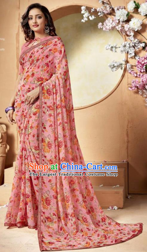 Indian Traditional Court Printing Pink Chiffon Sari Dress Asian India National Festival Costumes for Women