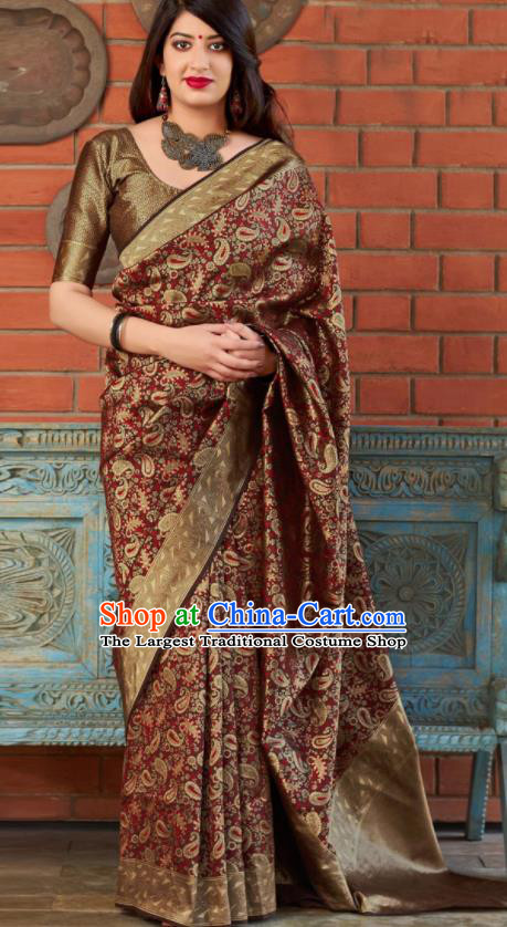 Traditional Indian Banarasi Saree Purplish Red Silk Sari Dress Asian India National Festival Bollywood Costumes for Women