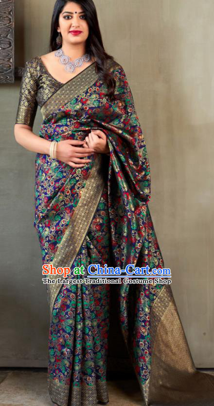 Traditional Indian Banarasi Saree Deep Blue Silk Sari Dress Asian India National Festival Bollywood Costumes for Women