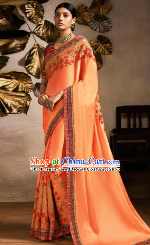 Traditional Indian Saree Bollywood Light Orange Satin Sari Dress Asian India National Festival Costumes for Women