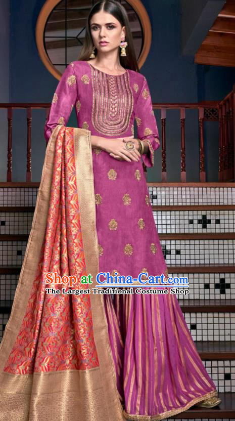 Asian Indian Punjabis Embroidered Purple Tussar Silk Blouse and Pants India Traditional Lehenga Choli Costumes Complete Set for Women