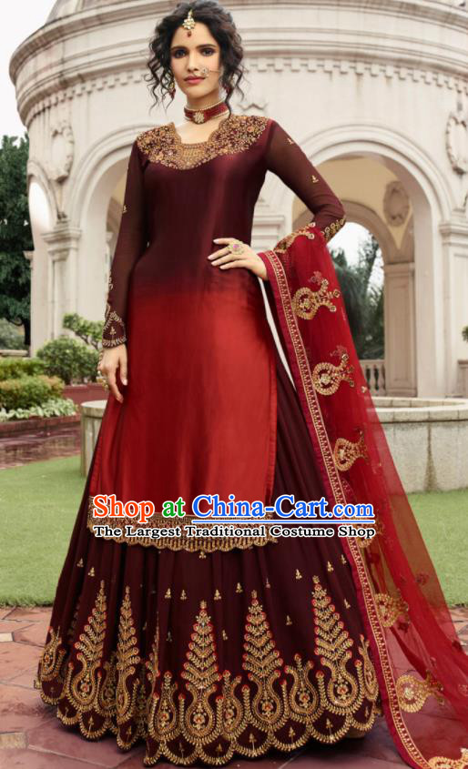 Asian Indian Punjabis Wine Red Satin Blouse and Skirt India Traditional Lehenga Choli Costumes Complete Set for Women