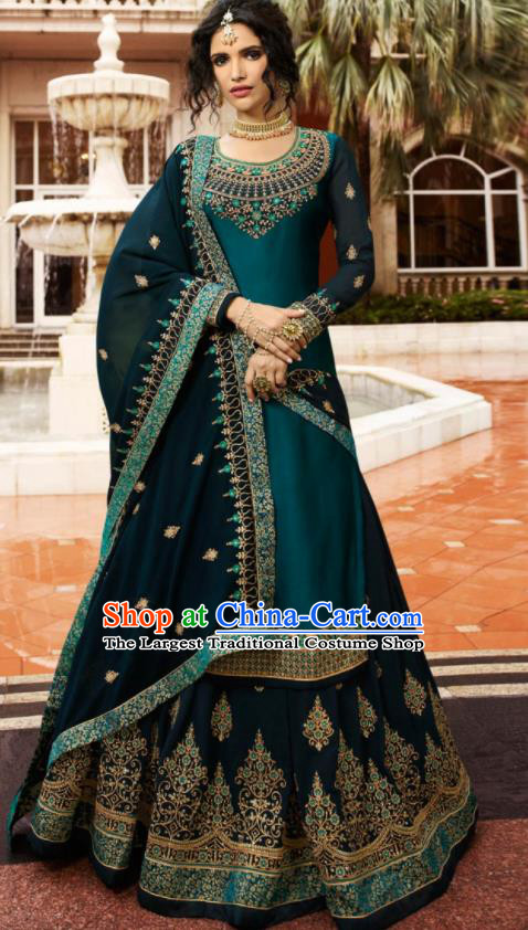 Asian Indian Punjabis Peacock Green Satin Blouse and Skirt India Traditional Lehenga Choli Costumes Complete Set for Women