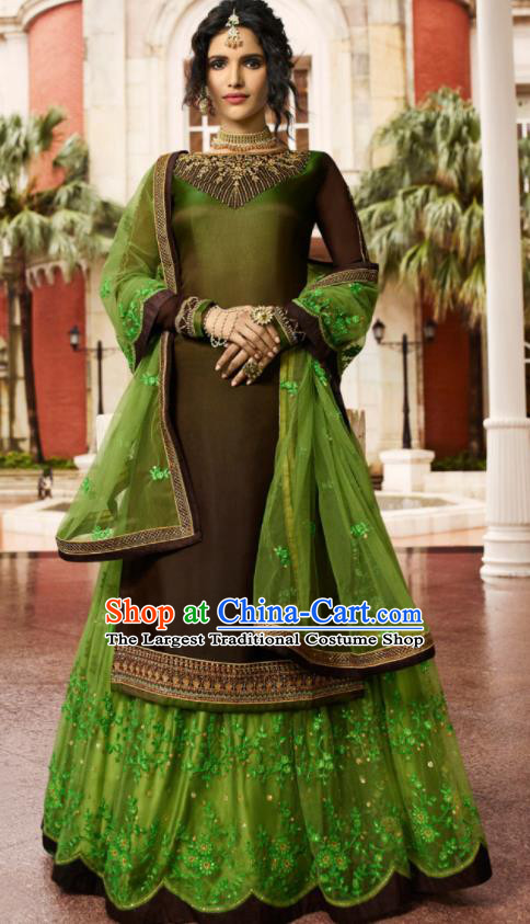 Asian Indian Punjabis Olive Green Satin Blouse and Skirt India Traditional Lehenga Choli Costumes Complete Set for Women