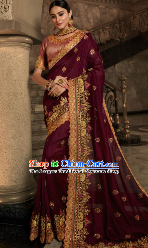 Asian Traditional Indian Court Embroidered Wine Red Silk Sari Dress India National Festival Bollywood Costumes for Women