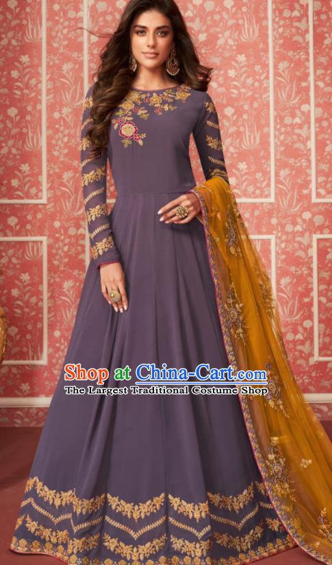 Indian Traditional Court Purple Georgette Anarkali Dress Asian India National Festival Costumes for Women