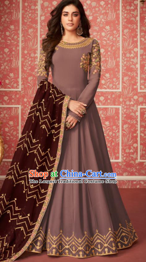 Indian Traditional Court Cameo Brown Georgette Anarkali Dress Asian India National Festival Costumes for Women