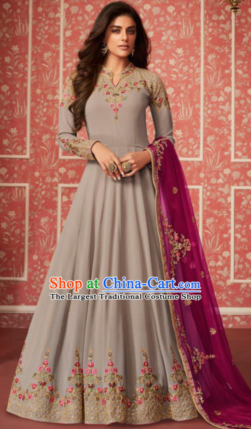 Indian Traditional Court Grey Georgette Anarkali Dress Asian India National Festival Costumes for Women