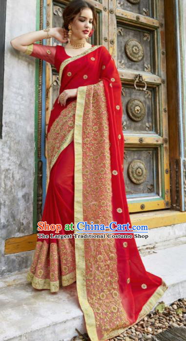 Indian Traditional Bollywood Court Red Georgette Sari Dress Asian India National Festival Costumes for Women
