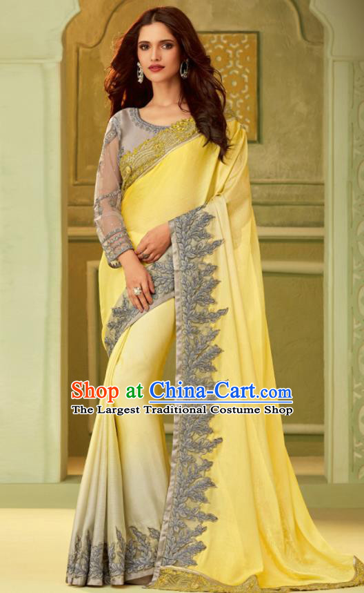 Indian Traditional Sari Bollywood Court Yellow Dress Asian India National Festival Costumes for Women