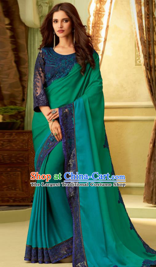 Indian Traditional Sari Bollywood Court Deep Green Dress Asian India National Festival Costumes for Women