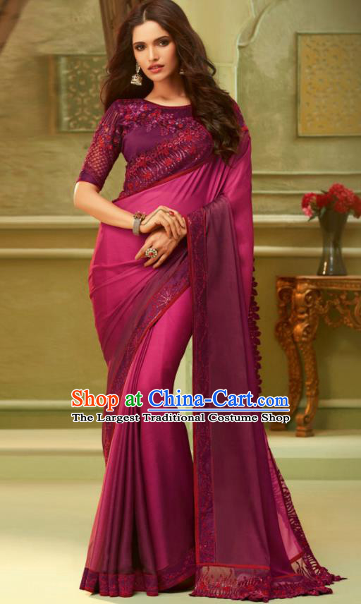 Indian Traditional Sari Bollywood Wine Red Silk Dress Asian India National Festival Costumes for Women