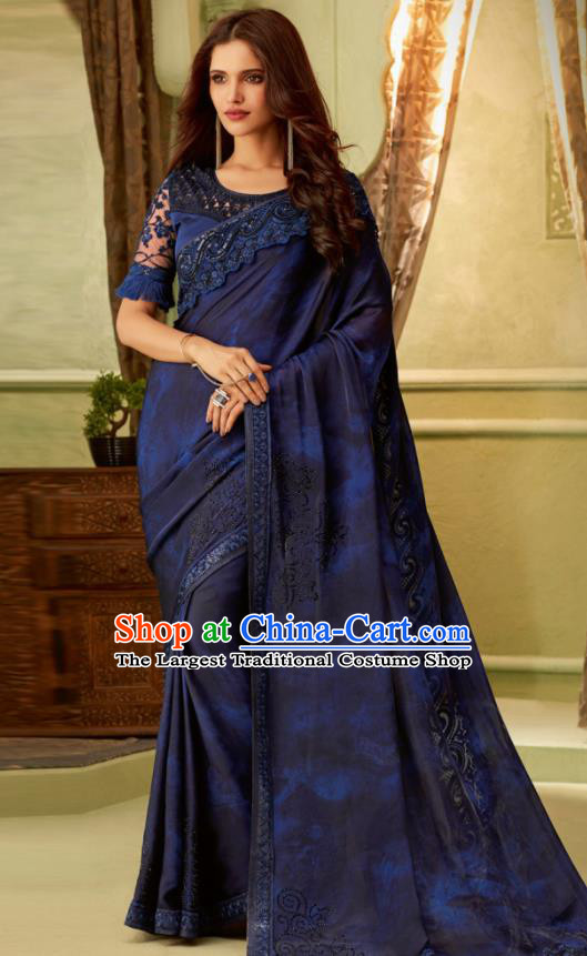 Indian Traditional Sari Bollywood Navy Silk Dress Asian India National Festival Costumes for Women