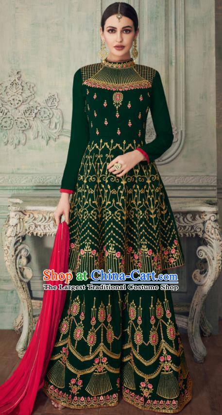 Asian Indian Punjabis Deep Green Blouse and Pants India Traditional Lehenga Choli Costumes Complete Set for Women