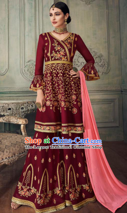 Asian Indian Punjabis Wine Red Blouse and Pants India Traditional Lehenga Choli Costumes Complete Set for Women