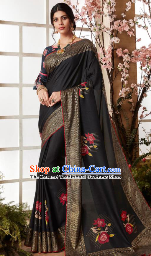 Indian Traditional Bollywood Sari Black Dress Asian India National Festival Costumes for Women