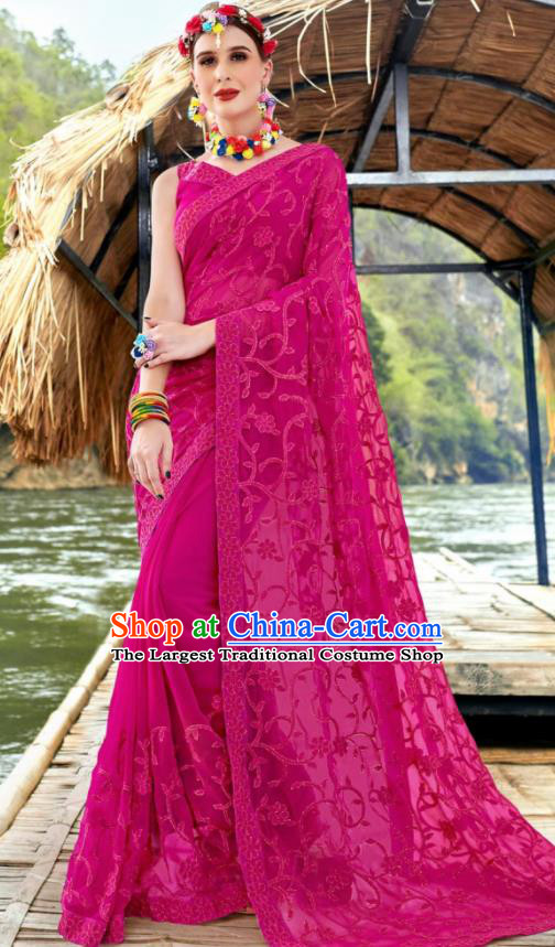 Indian Traditional Bollywood Court Embroidered Rosy Georgette Sari Dress Asian India National Festival Costumes for Women