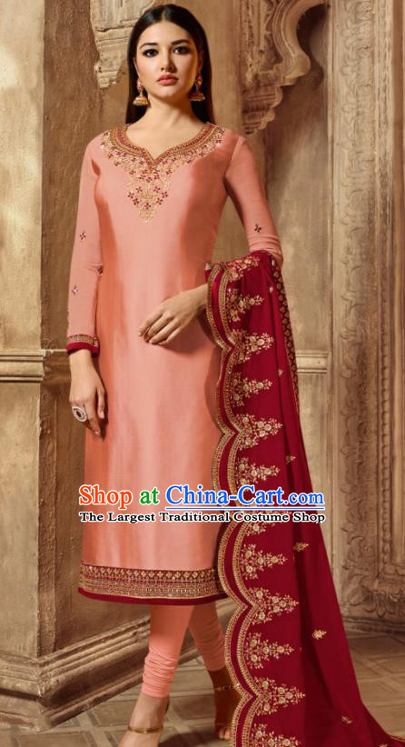 Asian Indian Traditional Embroidered Pink Satin Blouse and Pants India Punjabis Lehenga Choli Costumes Complete Set for Women