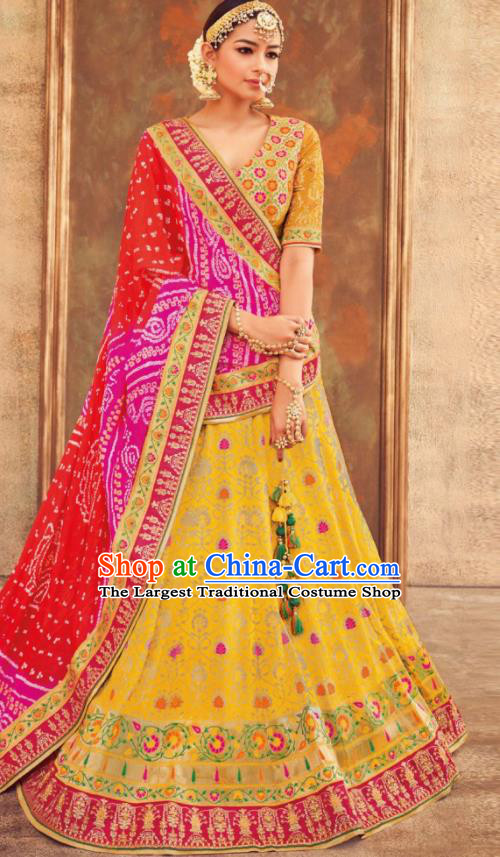 Indian Traditional Bollywood Lehenga Yellow Banarasi Silk Dress Asian India National Festival Costumes for Women