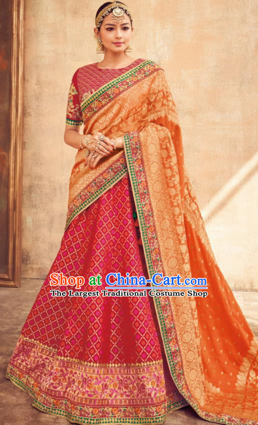 Indian Traditional Bollywood Lehenga Rosy Banarasi Silk Dress Asian India National Festival Costumes for Women