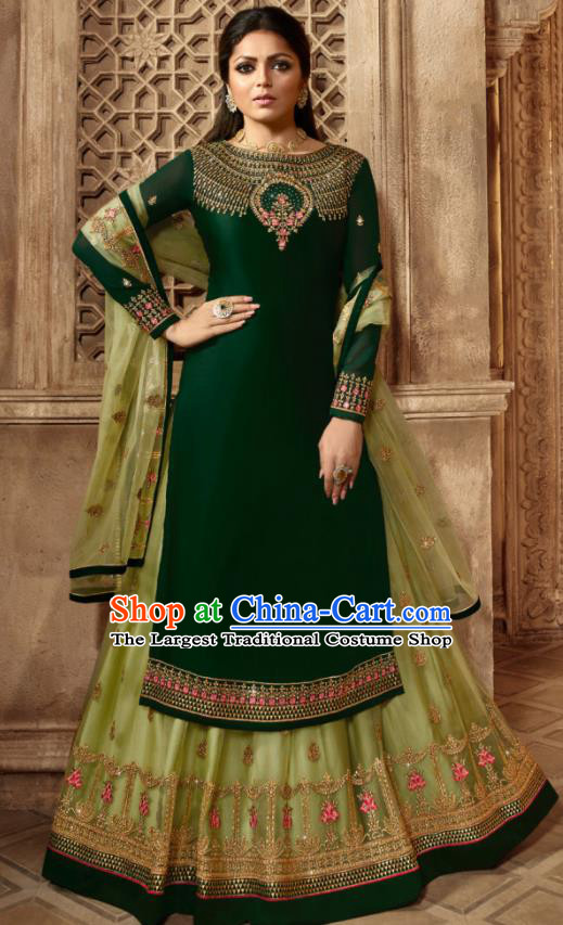 Asian Indian Embroidered Deep Green Satin Blouse and Skirt India Traditional Lehenga Choli Costumes Complete Set for Women