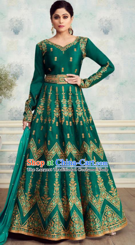 Indian Traditional Bollywood Court Green Silk Anarkali Dress Asian India National Festival Costumes for Women
