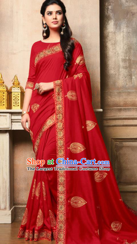 Indian Traditional Bollywood Embroidered Red Silk Sari Dress Asian India National Festival Costumes for Women