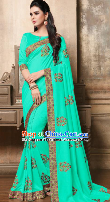 Indian Traditional Bollywood Embroidered Viridis Silk Sari Dress Asian India National Festival Costumes for Women