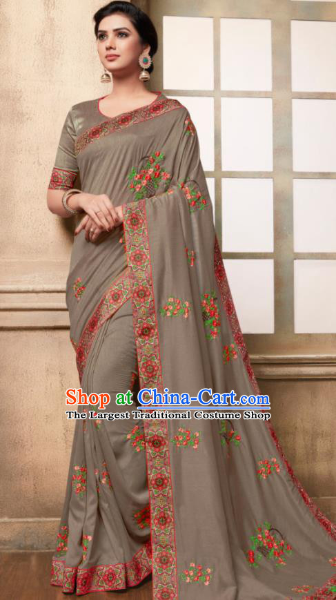 Indian Traditional Bollywood Embroidered Grey Silk Sari Dress Asian India National Festival Costumes for Women