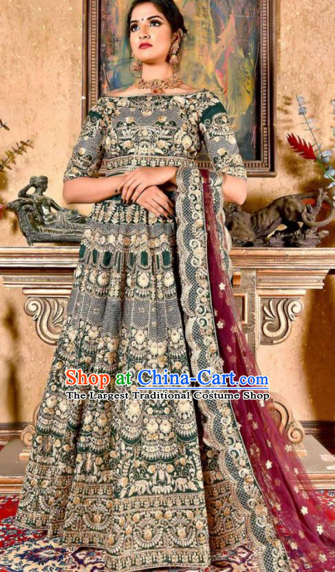 Indian Traditional Bollywood Wedding Embroidered Lehenga Atrovirens Dress Asian India National Festival Costumes for Women